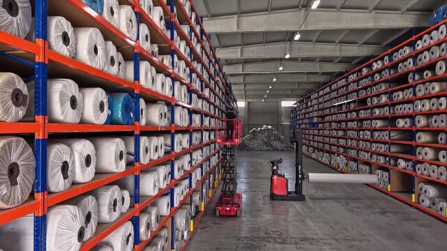 Yarn bobbins are stored on high shelves inside a textile warehouse with forklift operation. This video frame shows stock management, raw material storage, logistics, and industrial warehouse layout.