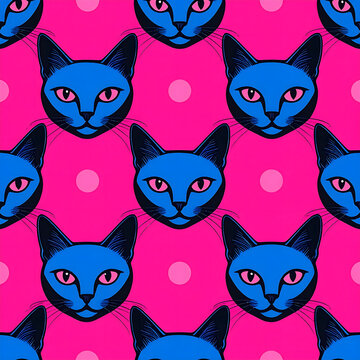 Cat face wallpaper design repeating in pop art patterns creating bold retro stylized playful aesthetic generative AI
