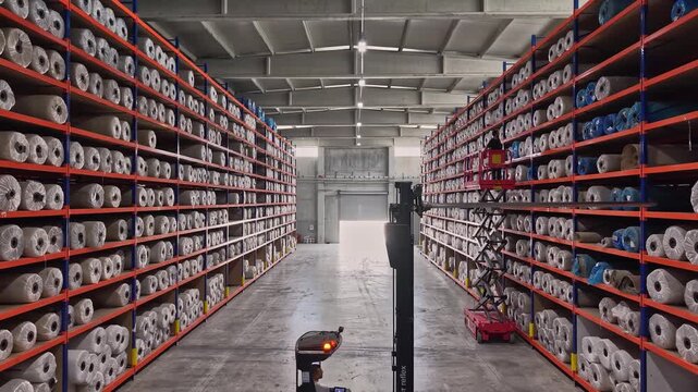 Yarn bobbins are stored on high shelves inside a textile warehouse with forklift operation. This video frame shows stock management, raw material storage, logistics, and industrial warehouse layout.