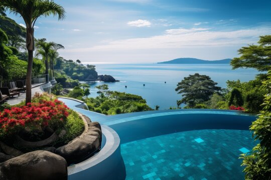 Luxury infinity pool in tropical resort with stunning ocean and coastline views