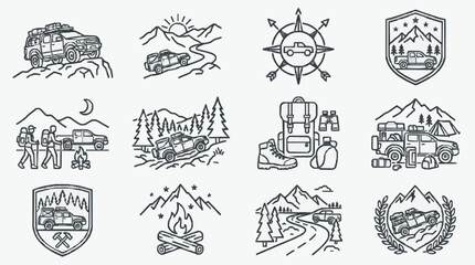 Clean Black and White Line Art Icons of Off Road Vehicles Camping and Adventure Scenes with high quality professional line art symbols for modern creative design and digital branding projects © Rina
