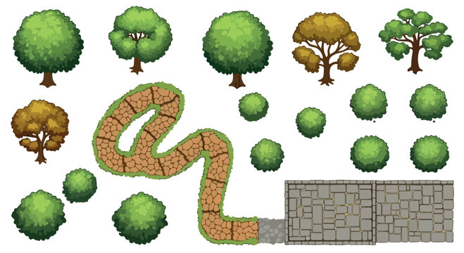 Pixel art garden landscape elements, top down game assets with green trees and bushes, stone path and brick wall vector set for RPG maps