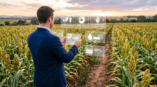 Agronomist analyzing crop health and carbon offsetting values in sorghum field using virtual interface screen