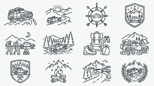 Clean Black and White Line Art Icons of Off Road Vehicles Camping and Adventure Scenes with high quality professional line art symbols for modern creative design and digital branding projects