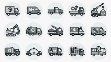 Clean Black and White Icons of Various Utility and Service Vehicles and Equipment with high quality professional line art symbols for modern creative design and digital branding projects © Rina
