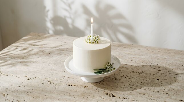 Minimalist white birthday cake with candle on marble table