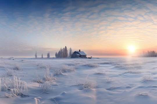 Snow covered cabin standing alone in a vast frozen field during a beautiful winter sunrise