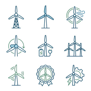 Wind turbines renewable energy icons set.