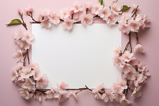 Delicate sakura flowers creating a decorative frame around empty paper for text