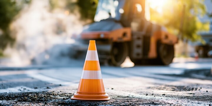 Orange traffic cone with road roller compactor paving asphalt with copy space