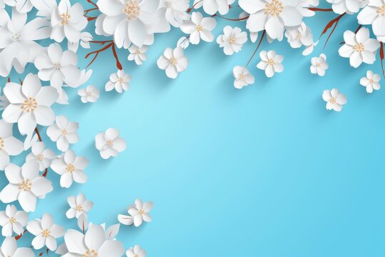 White paper cut flowers blooming from branches with a soft blue background