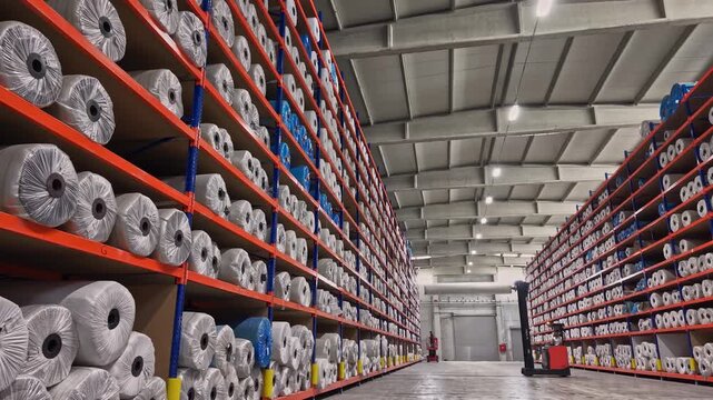 Yarn bobbins are stored on high shelves inside a textile warehouse with forklift operation. This video frame shows stock management, raw material storage, logistics, and industrial warehouse layout.