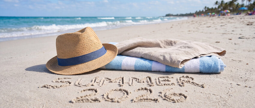 Straw hat and soft towels resting on the sand of a beach. Summer 2026 written in the sand. Concept of summer and relax