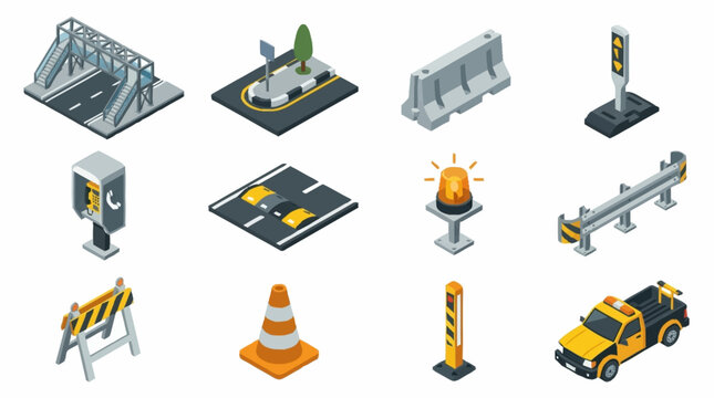 Isometric Construction Site Equipment and Road Signs Collection.