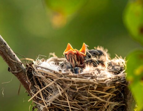 Newborn chick open mouth waiting for food in a nest