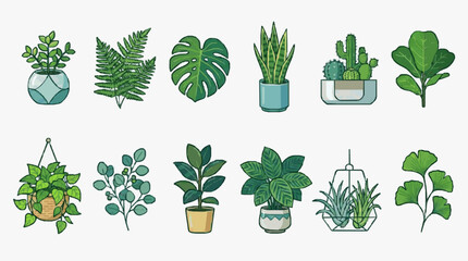 Elegant Collection of Ten Stylish Indoor Plants in Modern Pots and Hanging Planters with Vibrant Green Tones © Putra