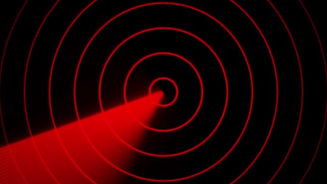 Red radar scan animation with glowing concentric circles futuristic security interface background loop