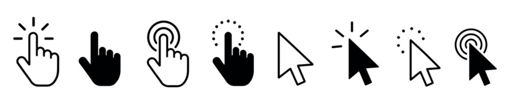 Collection of black and white cursor icons, including hand and arrow shapes with various click animations