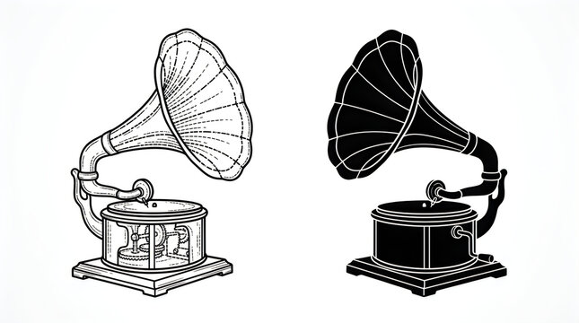 Detailed vintage gramophone illustration featuring a classic design with intricate mechanical gear components shown in bold black and white lines