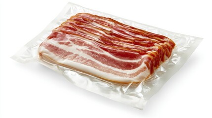 Obraz premium Bacon packaging Vacuum-sealed pack of raw bacon slices on a white background.