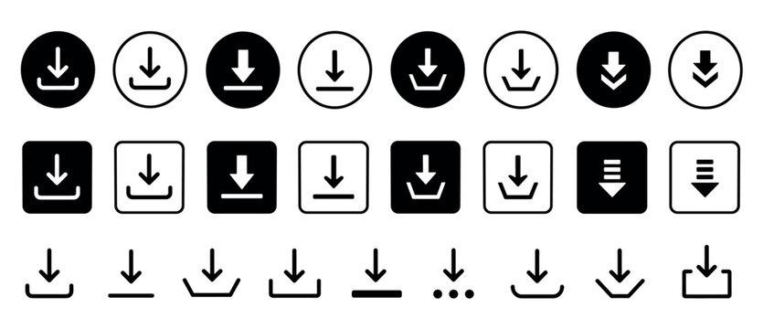 Comprehensive set of black and white download icons in various styles, including solid, outlined, circular, and square shapes, for digital interfaces