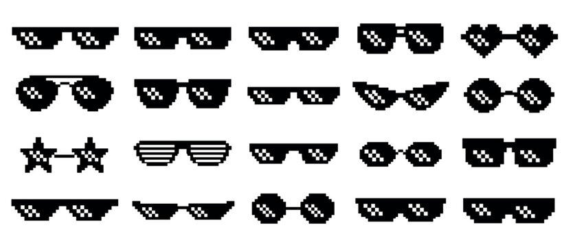 Collection of various pixel art sunglasses in black and white, featuring different shapes and styles