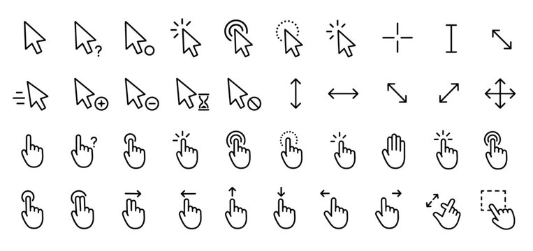 Comprehensive collection of black outline cursor and hand pointer icons for various digital interface actions
