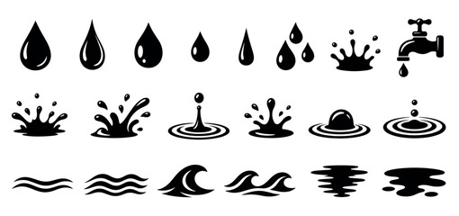 Obraz premium Collection of black water icons depicting various forms of liquid, including drops, splashes, ripples, waves, and a faucet