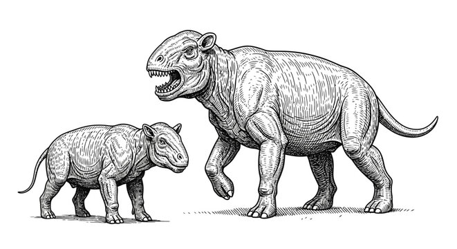Ancient prehistoric animals illustration mother and young walking