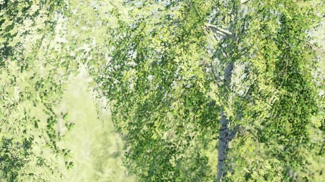 Bright sunlight shines through green leaves in a forest. The leaves move lightly in the breeze. Trees stand tall, creating a natural canopy. This scene shows a vibrant outdoor setting.