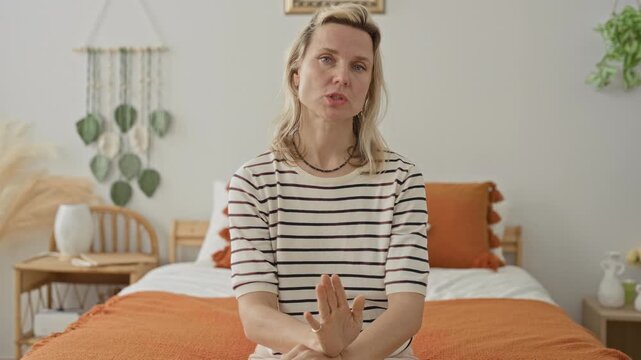 Woman seated on bed with palms pressed together, wearing striped shirt and necklace, orange throw and pillows visible in a building bedroom; quiet contemplation.
