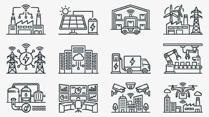 Fototapeta premium Clean Black and White Line Icons Set Featuring Smart Energy Industry Technology and Urban Infrastructure