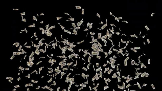 Seamless loop 3D animation of 100 dollar bills bursting up from bottom in sweeping waves. Moderate US dollar cash explosion overlay in 4K resolution with alpha channel transparent background.