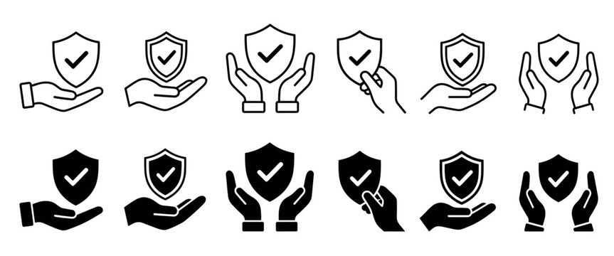 Various black and white line art and solid icons depicting hands holding or protecting a shield with a checkmark, symbolizing security and protection