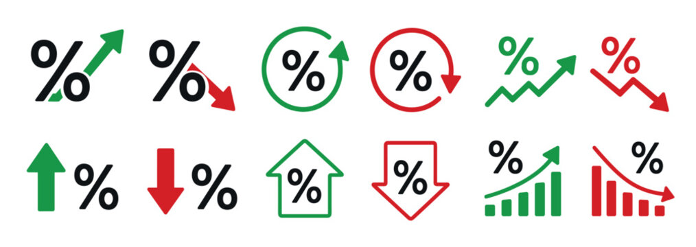 Collection of percentage icons in black, green, and red, depicting various states of increase, decrease, and change