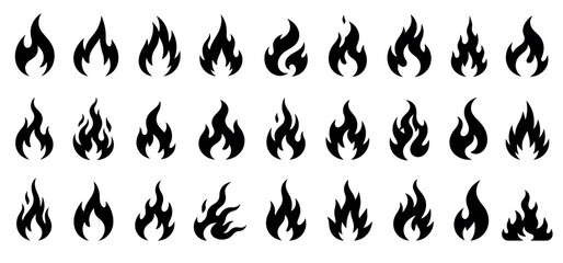 Obraz premium Collection of various black fire flame icons and symbols, showcasing different shapes and intensities in a graphic design style