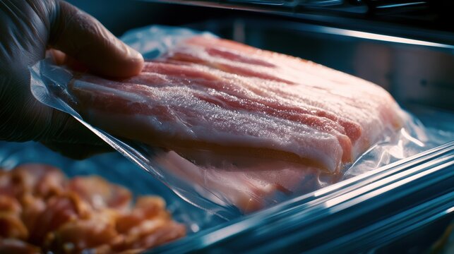 Bacon packaging Hand holding vacuum-sealed packaged raw fish fillet in a refrigerated seafood display case.