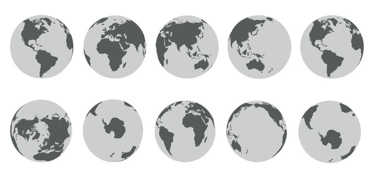 Ten gray globes with dark gray landmasses display various perspectives of Earth's continents and oceans in a flat, vector style