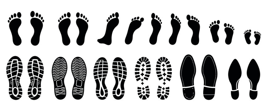 Various black human foot and shoe prints are arranged in rows, showcasing different sizes and sole patterns