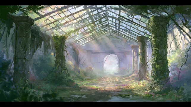 Overgrown greenhouse illustration evokes a melancholic beauty lost to time and nature's embrace