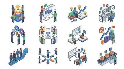Fototapeta premium Corporate Innovation and Business Growth Concepts Illustrated with Colorful Isometric Icons and Teamwork Scenes