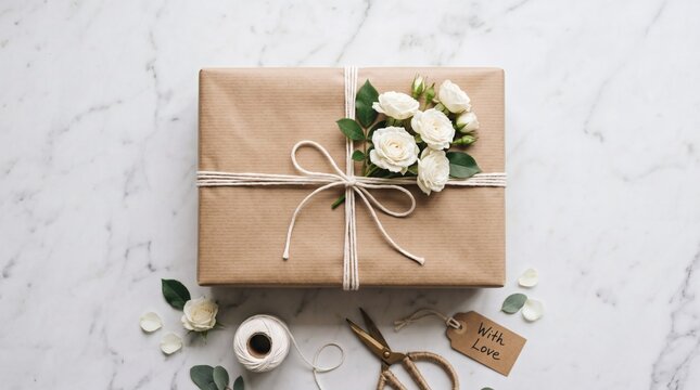 Beautifully Wrapped Gift Box with White Flowers and Twine on Marble Surface.