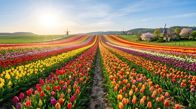 Vibrant Tulip Field at Sunrise with Windmills in Background