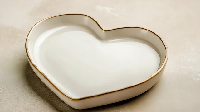 Four heart-shaped plates arranged in a pattern. Each plate is plain with a gold trim. The plates can be used for serving food or as decor items in homes