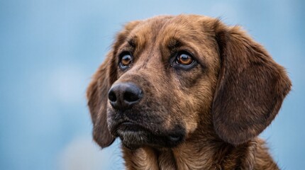 Obraz premium Close-up portrait of a sad-looking brown dog with floppy ears against a blue background.