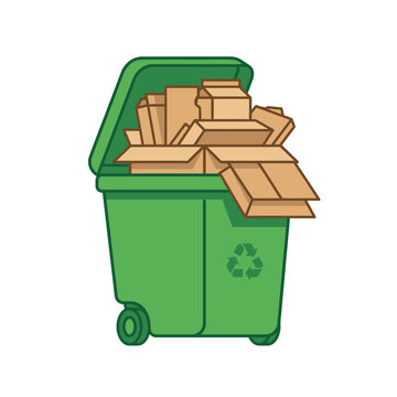 Green dumpster overflowing with recycled cardboard boxes