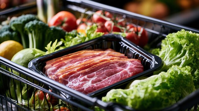 Bacon packaging Fresh raw beef in a black tray surrounded by fresh vegetables including broccoli, tomatoes, and leafy greens.