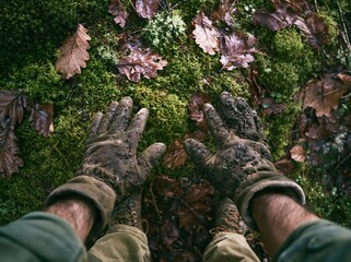 Fototapeta premium Muddy Hands Exploring the Forest Floor Covered in Moss and Leaves