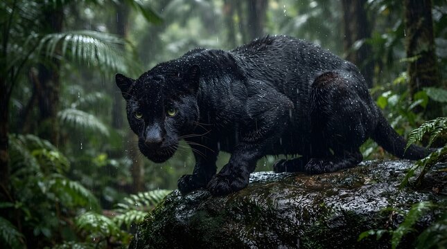 Majestic black panther prowling in lush rainforest environment