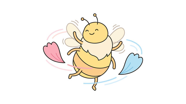 Cute cartoon bee dancing happily with colorful petals.